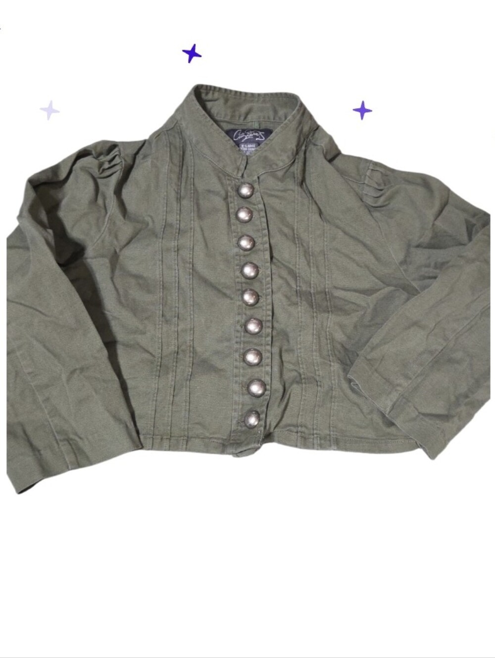 Vtg.jr Xl Olive Military-Inspired Button Front Jacket 3/4 Sleeved